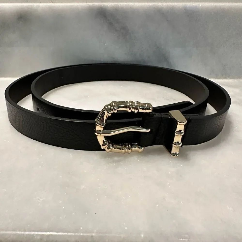 Forever 21 Vegan Leather Gold-tone Twisted Buckle Adjustable Belt Black 2X